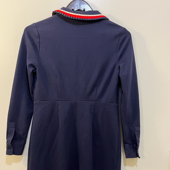 BODEN Navy Blue Shift Dress Red/White/ Blue Pleated Detail Neck & Pocket Size 6P - Picture 3 of 7